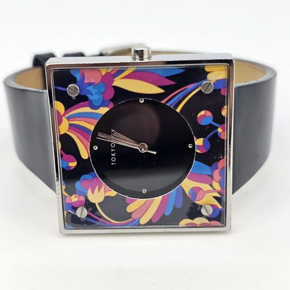 TOKYObay Women's Watch 38MM Flowers Square Case Black Leather Bands New‎ Battery